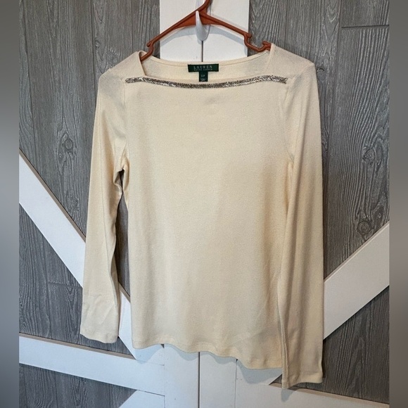 376. Ralph Lauren Sz S/P long sleeve top w/ beautiful beading around front neck - Picture 1 of 3